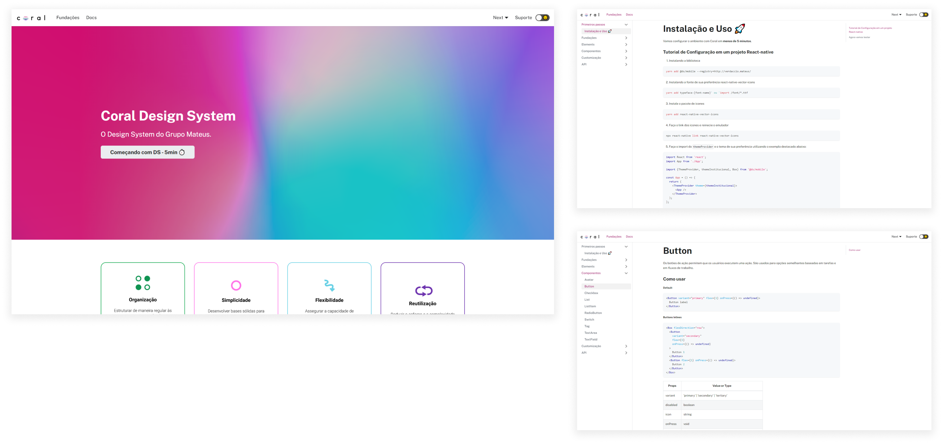 Tela da documentação do Coral